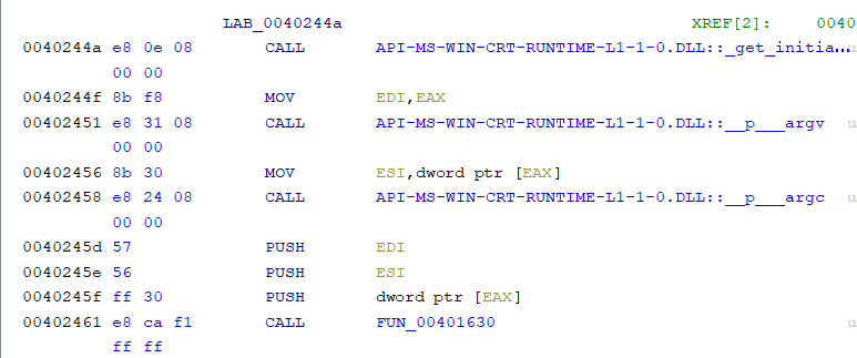 Disassembly of the section where the main function is called