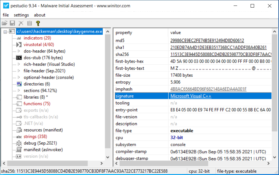 PEStudion analysing the executable