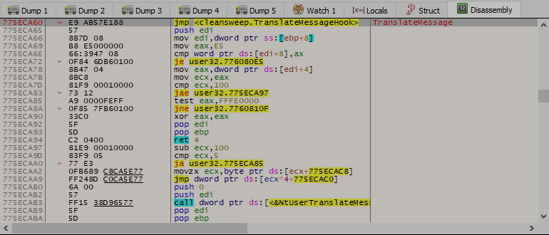 Five first bytes overwritten with hook jump